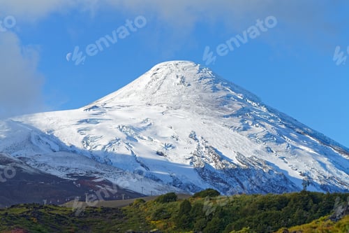 Preview: The Volcano Osorno With The Moon Ascending On One Side Of This. South Of Chile
