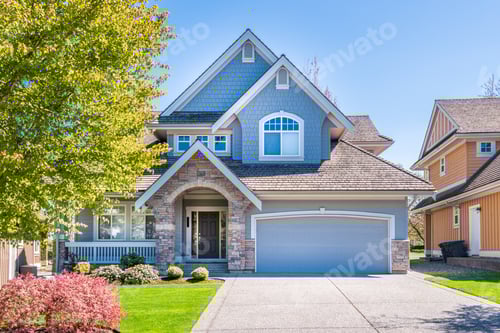 Preview: Beautiful Exterior Of Newly Built Luxury Home. Yard With Green Grass And Walkway Lead To Front