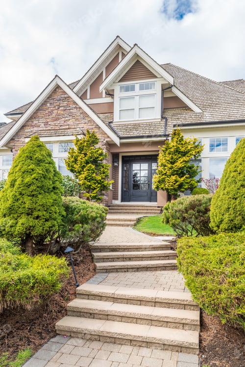 Preview: A Perfect Neighborhood. Houses In Suburb At Spring In The North America. Fragment Of A Luxury House