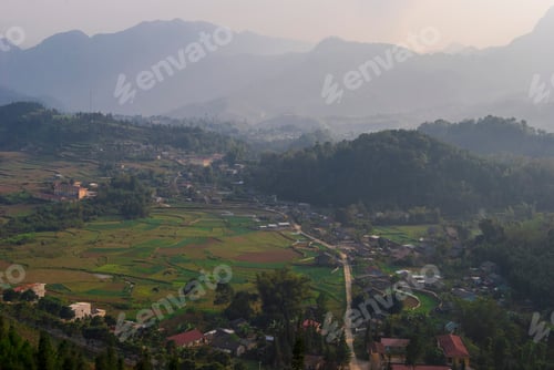 Preview: Aerial Photo Of The Town Of Tam Son In The Mountains On A Cloudy, Hazy Day. Shot In Ha Giang