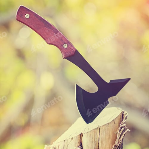 Preview: Hatchet Cut Into A Wooden Log In Fall