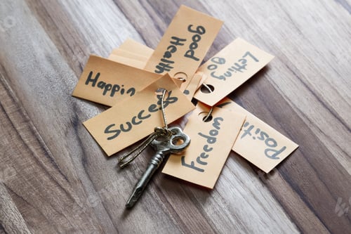 Preview: Concept For A Happy Life Using An Old Decorative Key And A Hand Written Tag Attached By A Golden