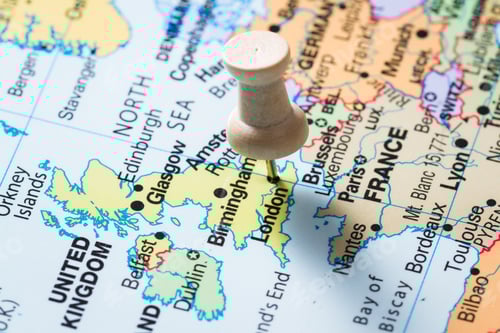 Preview: Close Up Of A World Map Focused On London Marked With A Push Pin