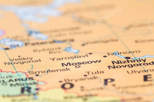 Preview: Close Up Of A World Map With The City Of Moscow In Focus