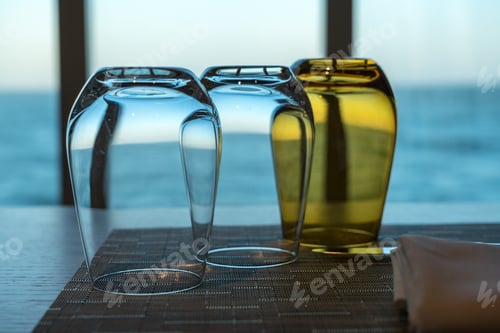 Preview: Focus On Wine Glasses By Window On Cruise Ship Restaurant
