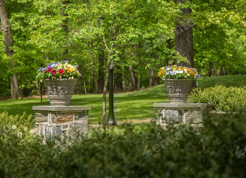 Preview: Flower Pots on Stone Columns in a Garden