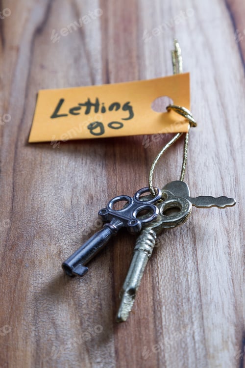 Preview: Concept For A Happy Life Using Old Decorative Keys And A Hand Written Tag Attached By A Golden Cord