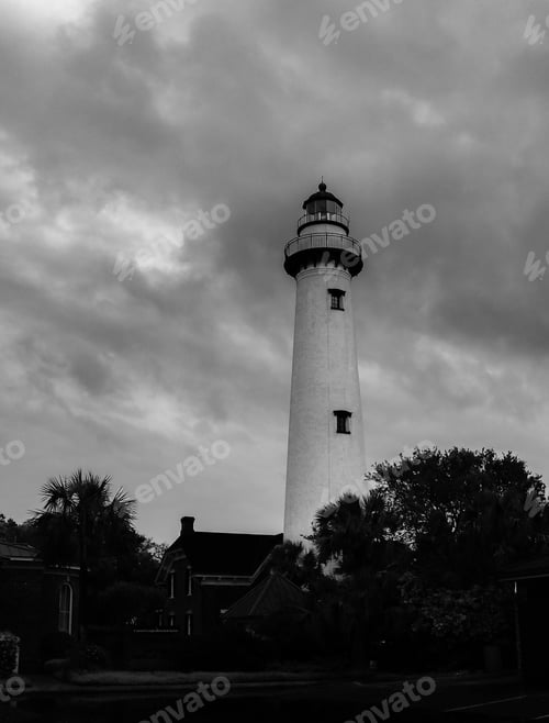 Preview: A Black And White View Of The St. Simon Island, Georgia, Lighthouse On A Stormy Evening