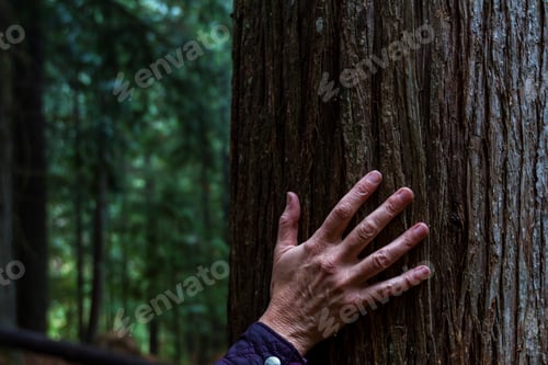 Preview: Concept For Connecting With Nature Using A Hand Touching A Large Tree With The Woods In The