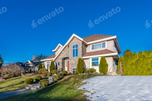 Preview: Houses In Suburb At Winter In The North America. Luxury Houses Covered Nice Snow
