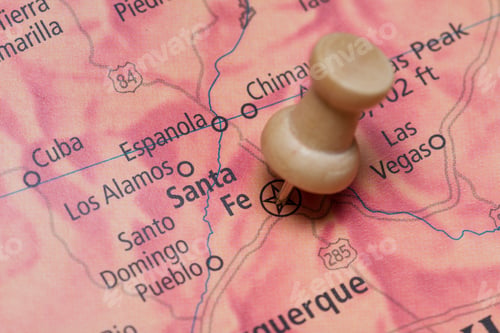 Preview: Santa Fe, New Mexico On A Map As A Travel Concept With Beautiful Red Rock