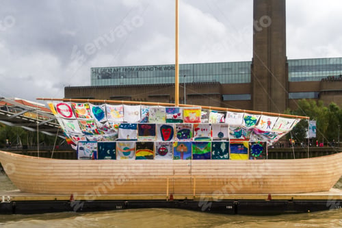 Preview: London - September 06 2019: Art Display Floating On The Thames With A Environmental Theme, London