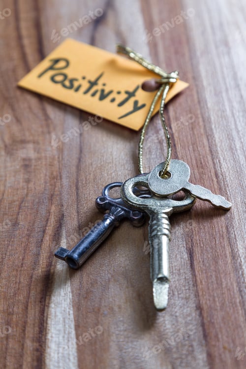 Preview: Concept For A Happy Positive Life Using Old Decorative Keys And A Hand Written Tag Attached By A
