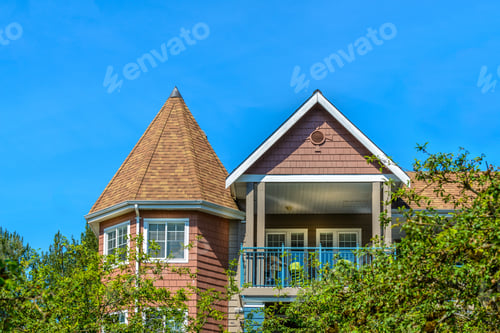 Aperçu: A Perfect Neighborhood. Houses In Suburb At Summer In The North America. Top Of A Luxury House With