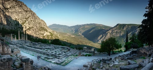 Preview: Ruins Of Amphitheater And Temple On Mountain Landscape; Delphi; Greece
