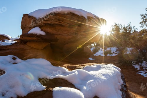 Preview: Beautiful Snowy Landscape In Arches National Park With A Fresh Blanket Of Snow Over The Red Rocks