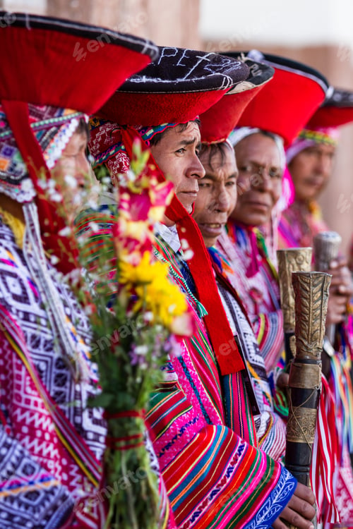 Preview: Pisac, Peru - May 15: Quechua Elders In Traditional Clothing In A Small Ceremony In The Pisac