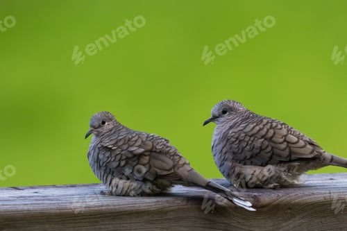 Preview: Close Up Of A Couple Of Love Doves Perched On A Wooden Railing With A Green Grass Background