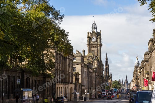 Preview: Edinburgh Scotland - September 13 2019: Street View With The Famous Balmoral Clock Tower In The