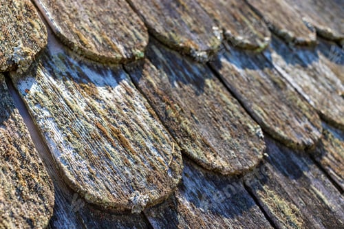Preview: Closeup Of Traditional Rounded Wood Shingles On A Roof Selective Focus