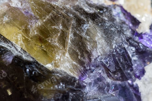 Preview: Close Up Of A Beutiful Piece Of Crystal With Dark Purples And Yellow With Clear Sections