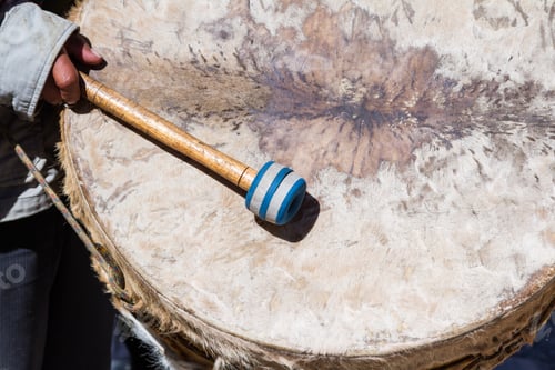 Preview: Close Up Of A Large Drum With Natural Leather Used In A Religious Ceremony In Peru