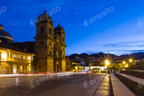 Preview: Cusco, Peru - May 13: Beautiful Cusco Cathedral Photographed With A Slow Shutter To Show Motion In