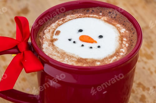 Preview: Hot Cocoa Beverage Mixed With Irish Whiskey Garnished With A Smiling Snow-Person Marshmallow