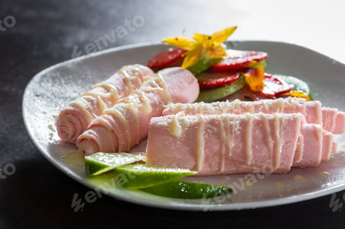 Preview: Close Up Of Fresh Hand Rolled Ice Cream Made With Local Fresh Cream And Organic Strawberries