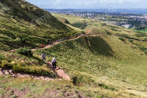 Preview: Edinburgh Scotland - September 13 2019: People Walking Towards Arthur'S Seat The Summit Of The