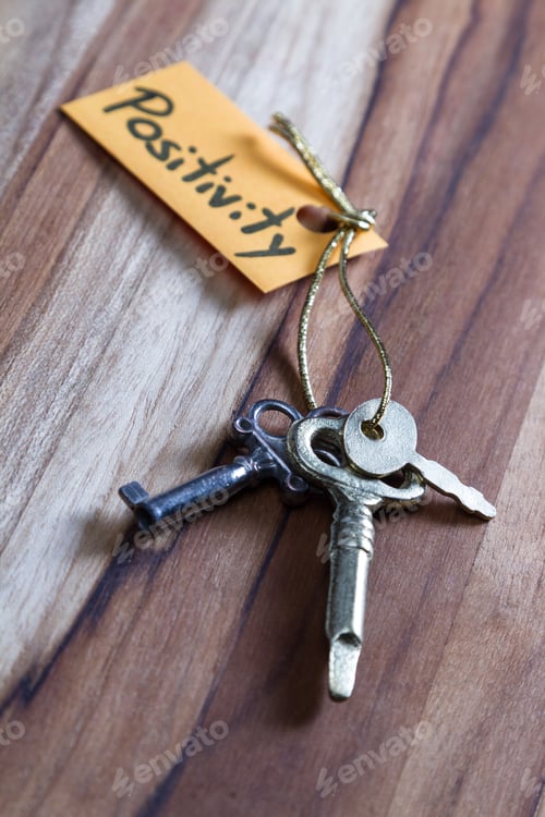 Preview: Concept For A Happy Positive Life Using Old Decorative Keys And A Hand Written Tag Attached By A
