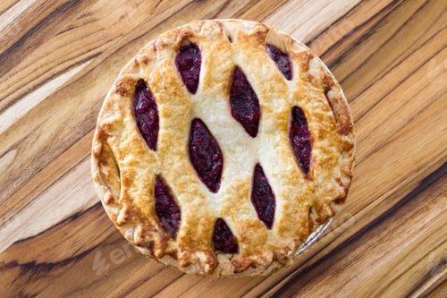 Preview: View Form Above Of A Fresh Baked Cherry Pie On A Wooden Table