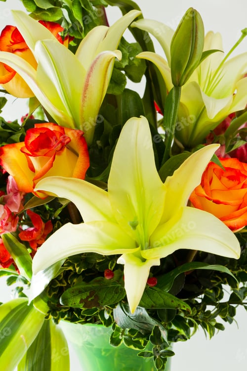 Preview: Closeup Of A Rose With Orange And Red Coloring In A Bouquet