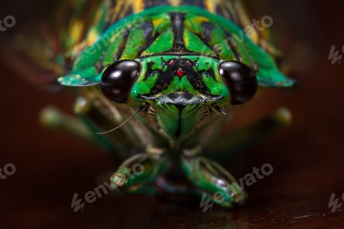 Preview: Green Cicada With Golden Wings On A Dark Wooden Table