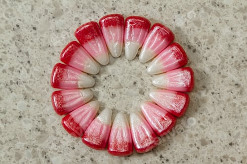 Preview: Pink Seasonal Candy Corns Arranged Into A Circle For Concept Or Background