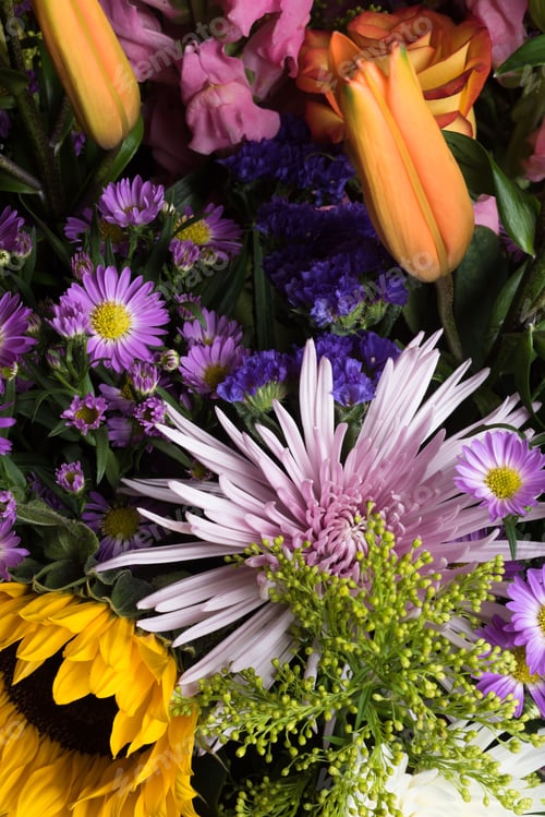 Preview: Closeup Of Mixed Flower Bouquet With Liliac Asters
