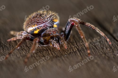 Preview: Close Up Of A Small Tropical Spider With Red And Yellow Stripes And The Classic Arachnid Shape