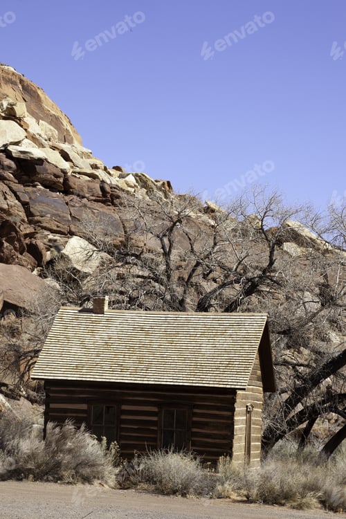 Preview: Stony Natural Landscape With Building And Trees, From Southern Utah, For Background Or Texture