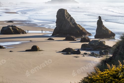 Preview: Tranquil Afternoon In Bandon Oregon With Low Tides Revealing A Sandy Beach With Large Rocks Adding