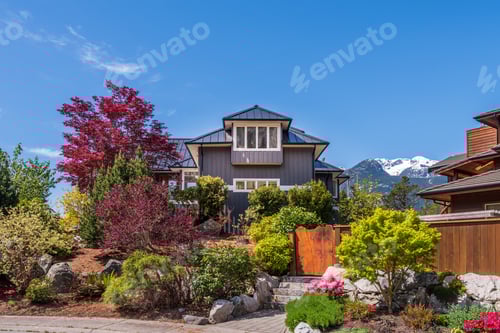 Preview: Beautiful Exterior Of Newly Built Luxury Home. Yard With Walkway Lead To Front Entrance.