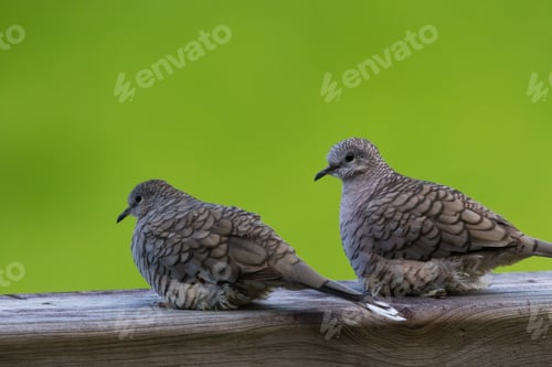 Preview: Close Up Of A Couple Of Love Doves Perched On A Wooden Railing With A Green Grass Background