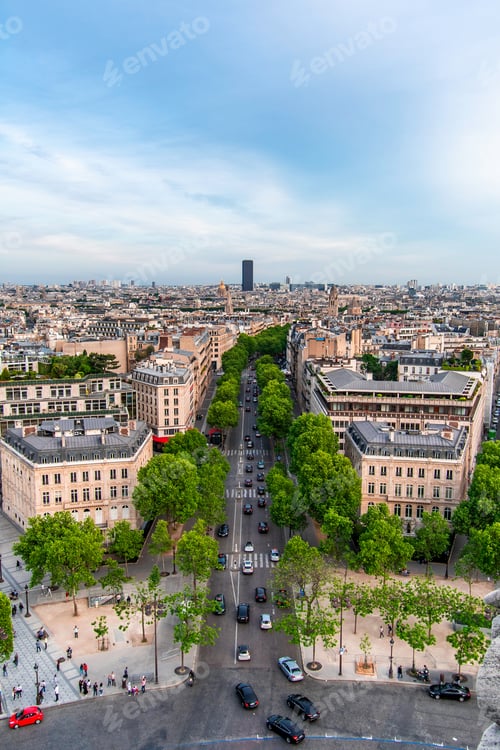 Preview: Aerial View Over Paris. Streets, Trees, Buildings And Famous Landmarks. Shot On Top Of The Arch Of