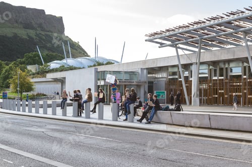 Preview: Edinburgh Scotland - September 13 2019: Young People Outside Of The Scottish Parliament Building In