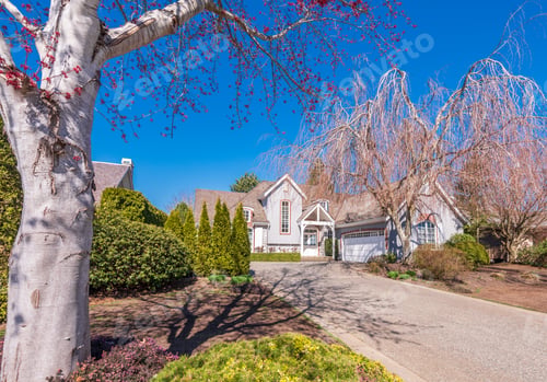 Preview: Beautiful Exterior Of Newly Built Luxury Home. Yard With Green Grass And Walkway Lead To Front