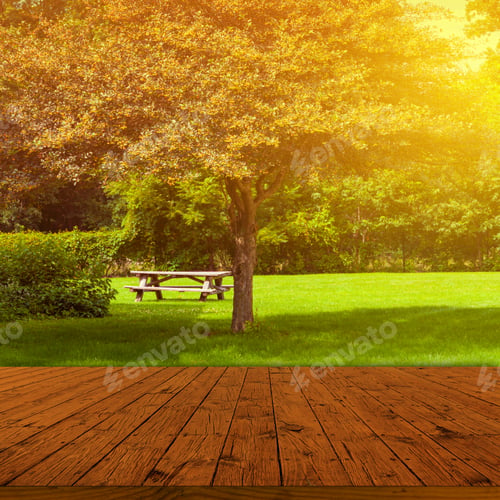 Vista previa: Old Table Surface With Blurred Countryside Landscape