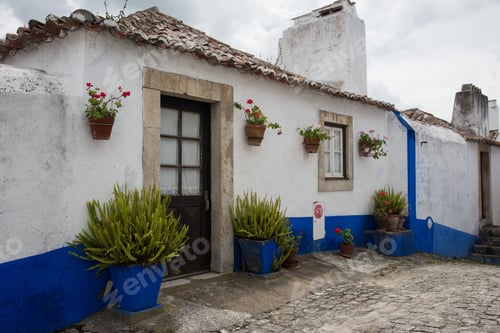 Preview: Traditional White And Blue Resedential House In Medieval City Of Obidos, Portugal
