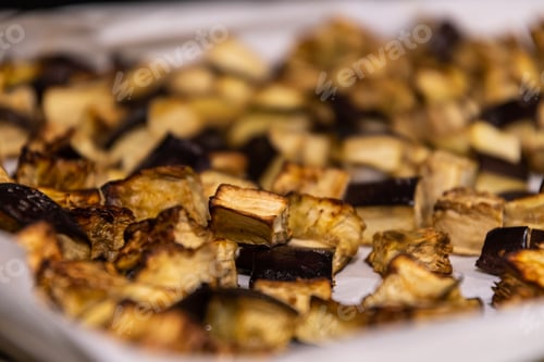 Preview: Landscape Close Up Photo Of Vegetables (Eggplants, Zucchini) On A Baking Sheet Perfectly Cooked