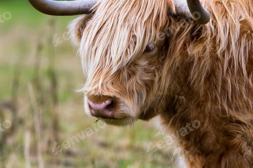 Preview: Close Up Of A Light Brown Highland Cow Feeding On Green Grass Near The Culloden Battlefield In The