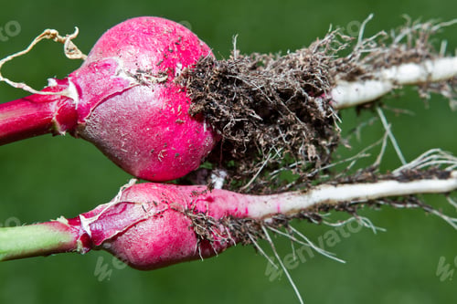 Preview: Fresh Organic Red Radish With Soil On The Roots, Closeup With A Green Background