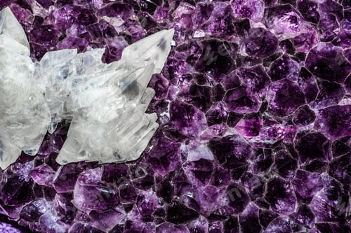 Preview: White Quartz Crystals Growing On A Background Of Amethyst Crystals.